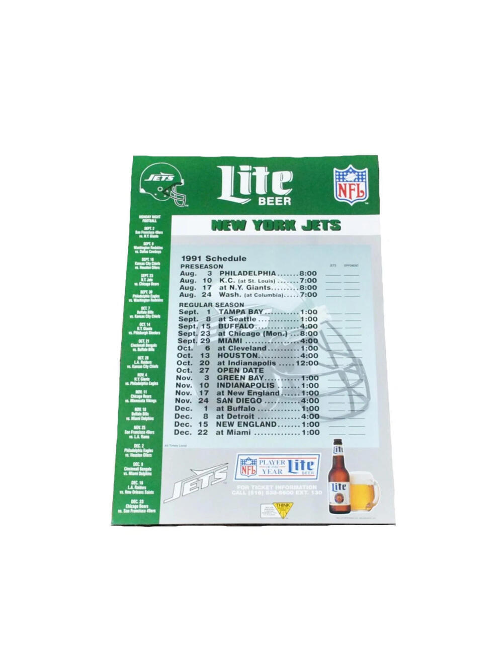 Vintage Lite Beer 1991 New York Jets NFL Football Green Poster